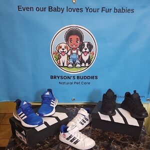 Adidas Blue, White Marvel Spiderman, and Black Sneakers Trio. Sold Separately